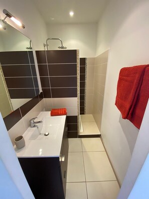 Combined shower/tub, hair dryer, towels, toilet paper