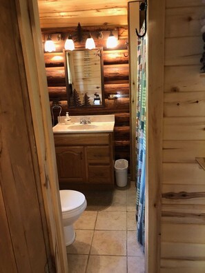 Combined shower/bathtub, towels