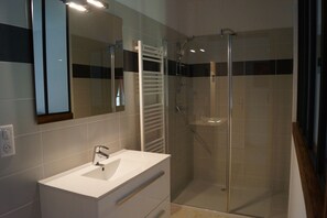 Combined shower/bathtub, hair dryer, towels, soap