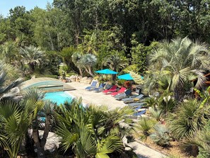 A pool area with lounge chairs and umbrellas, surrounded by tropical plants. - L'OASIS DE BOISSET: 5* VILLA, 3 min from Anduze, private SWIMMING POOL / SPA, 10/14 per (Boisset-Et-Gaujac)