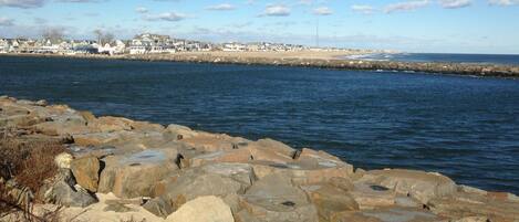 On the beach, sun-loungers