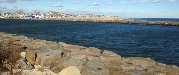 On the beach, sun-loungers