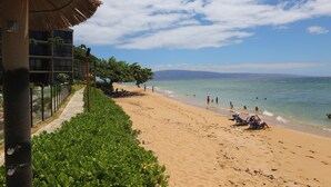 Ein Strand mit klarem Himmel, sandigem Ufer und einem Gebäude mit einem Reetdach.