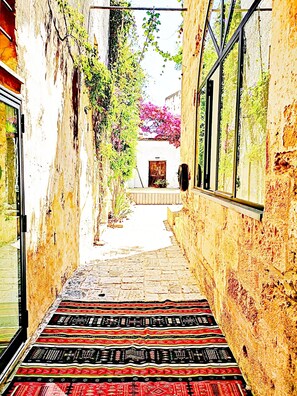 A narrow alleyway with stone walls, a patterned rug, and a wooden door at the end. - An old castle by the sea (gagliano del capo)