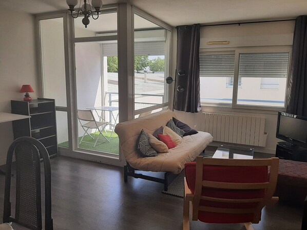 A living room with a sofa, a dining table, a chair, and a TV.