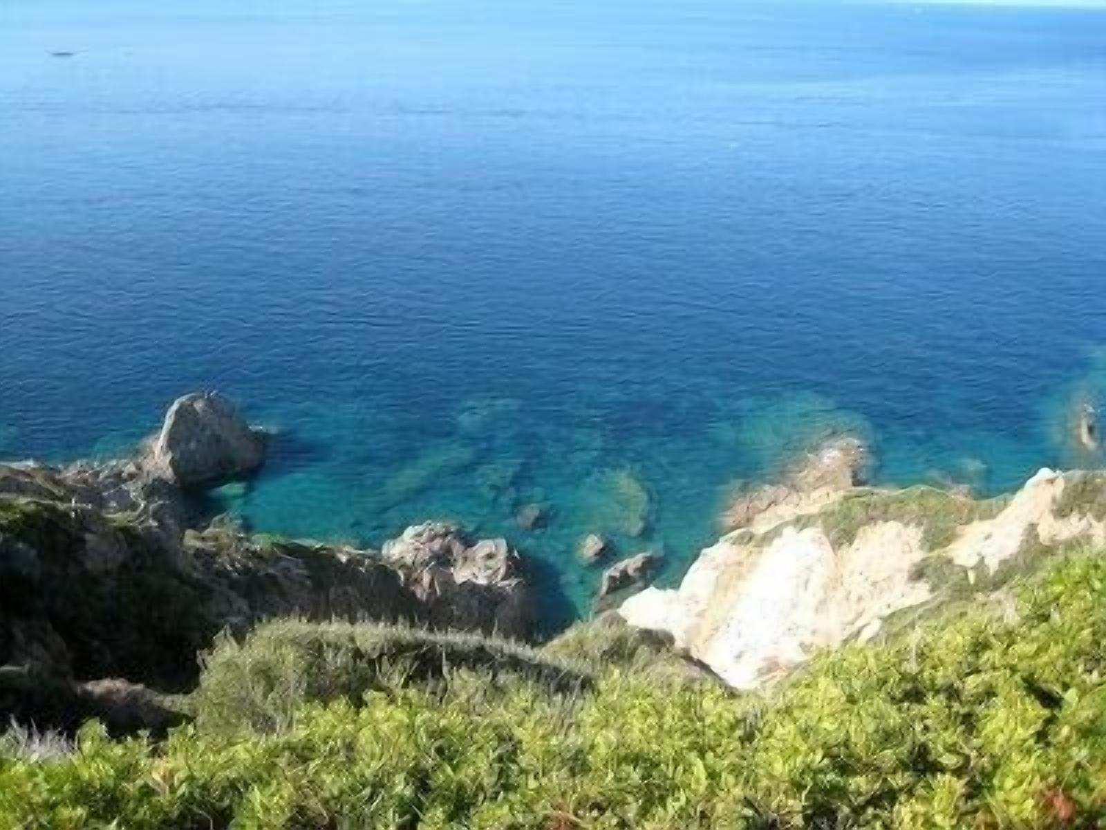 A coastal landscape with clear blue waters, rocky outcrops, and green vegetation.