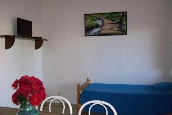 Une pièce comprenant un lit, une table avec des chaises, un vase de fleurs, un tableau au mur et une étagère avec un téléviseur.