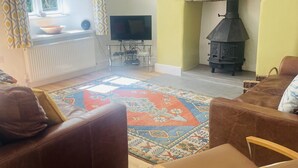 Una sala de estar con sofá, sillón, televisión, chimenea y ventana con cortinas.
