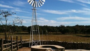 Une piscine avec un moulin à vent en arrière-plan.