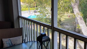 A glass table with a black lantern, a cushioned chair, and a view of a swimming pool and trees through a screened balcony. - Close to Beaches, Restaurants & More!  Great Rates Too! (Bonita Springs)