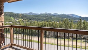 En balkon med udsigt over et bjergrigt landskab, en jordvej og et skovområde.