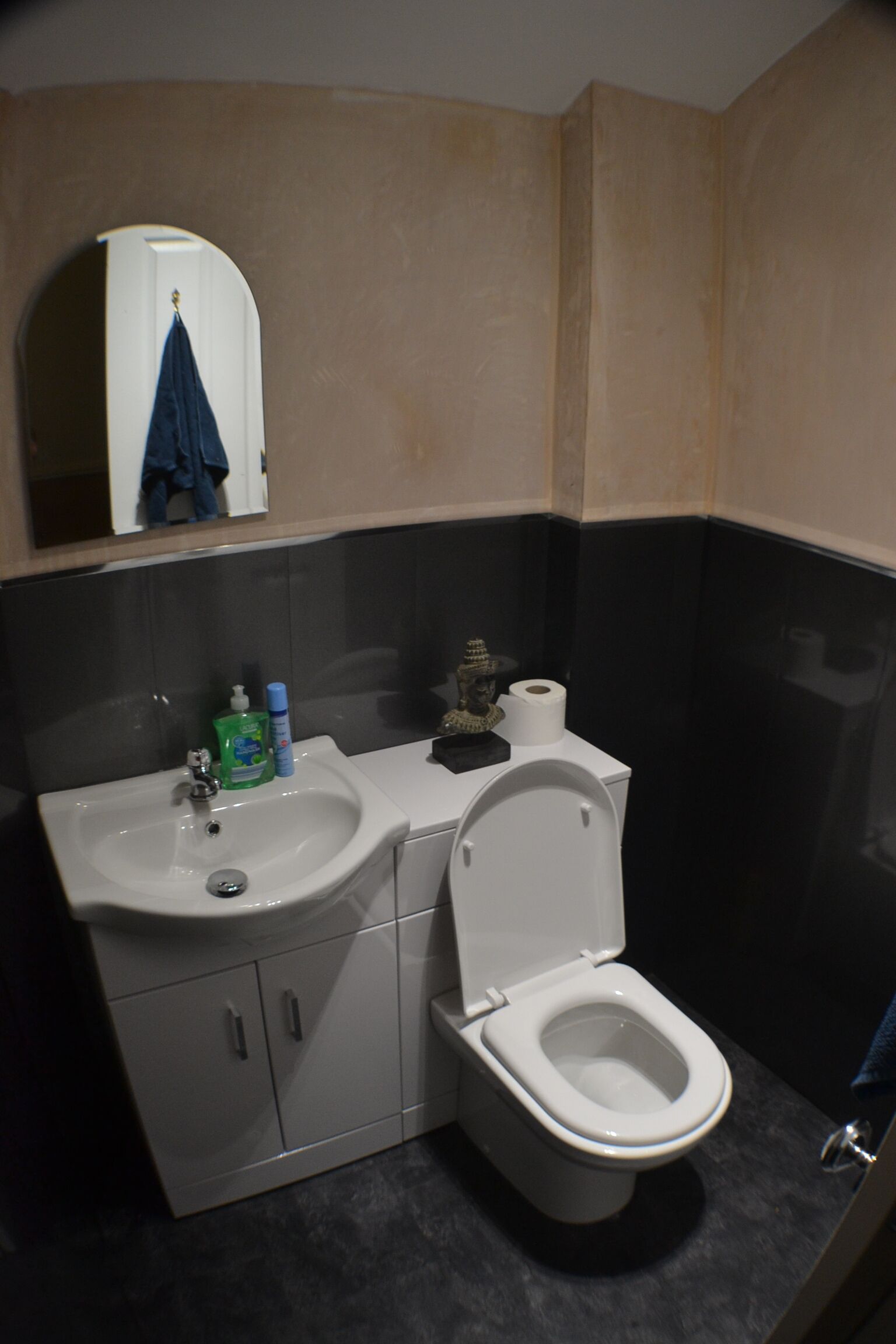 Une salle de bain avec un lavabo, des toilettes et un miroir.