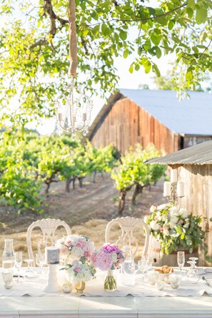 A table set outdoors with a rustic barn in the background. - Beautiful Vineyard Farmhouse  (Redwood Valley)