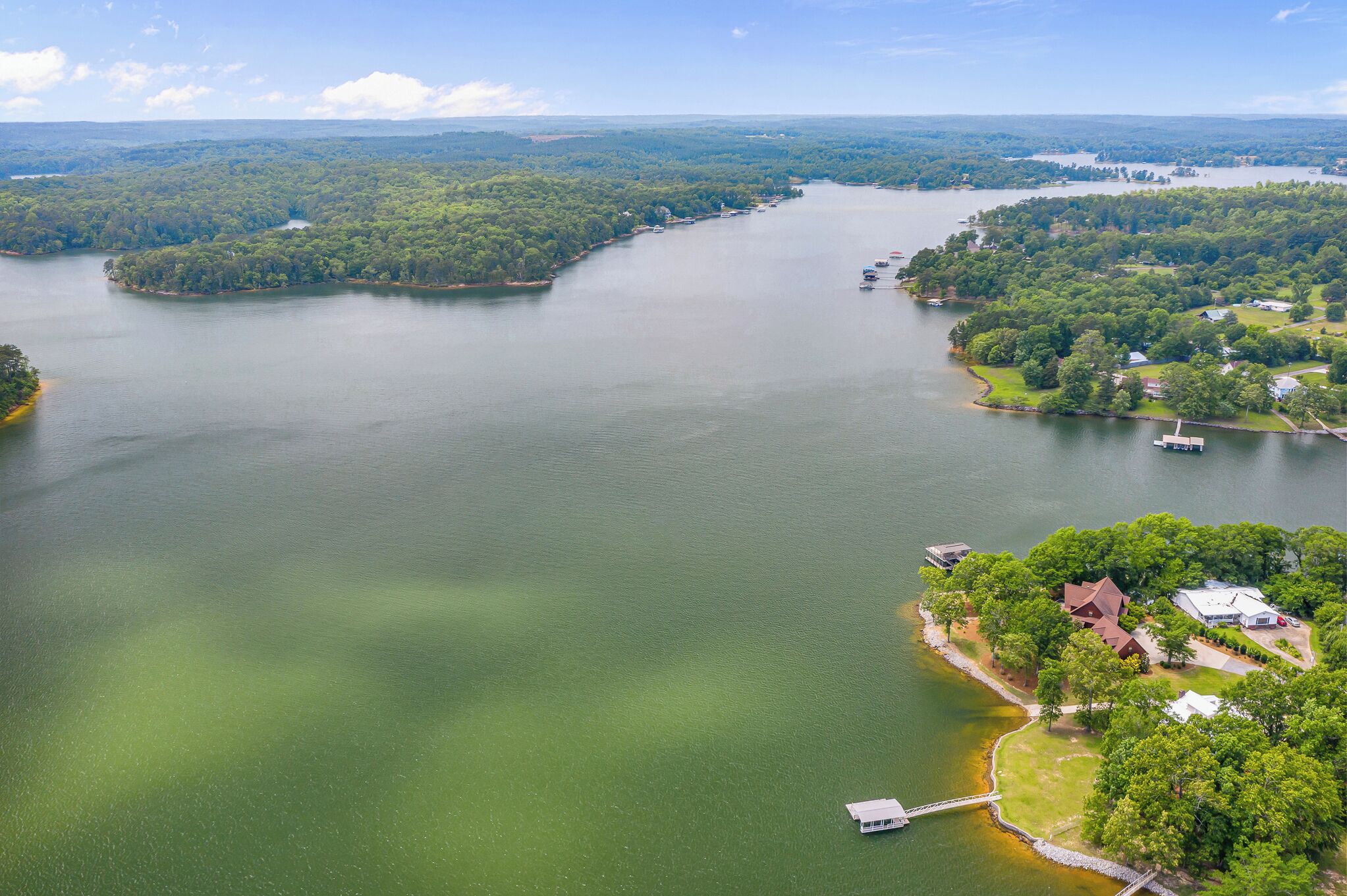 An aerial view of a lake with a dock and a small cluster of houses surrounded by dense forest.