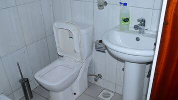 Een douche, een haardroger, handdoeken, toiletpapier