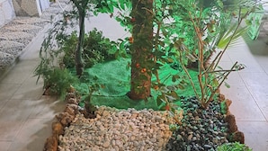 Uma área ajardinada com diversas plantas, uma árvore e um caminho de pedras.