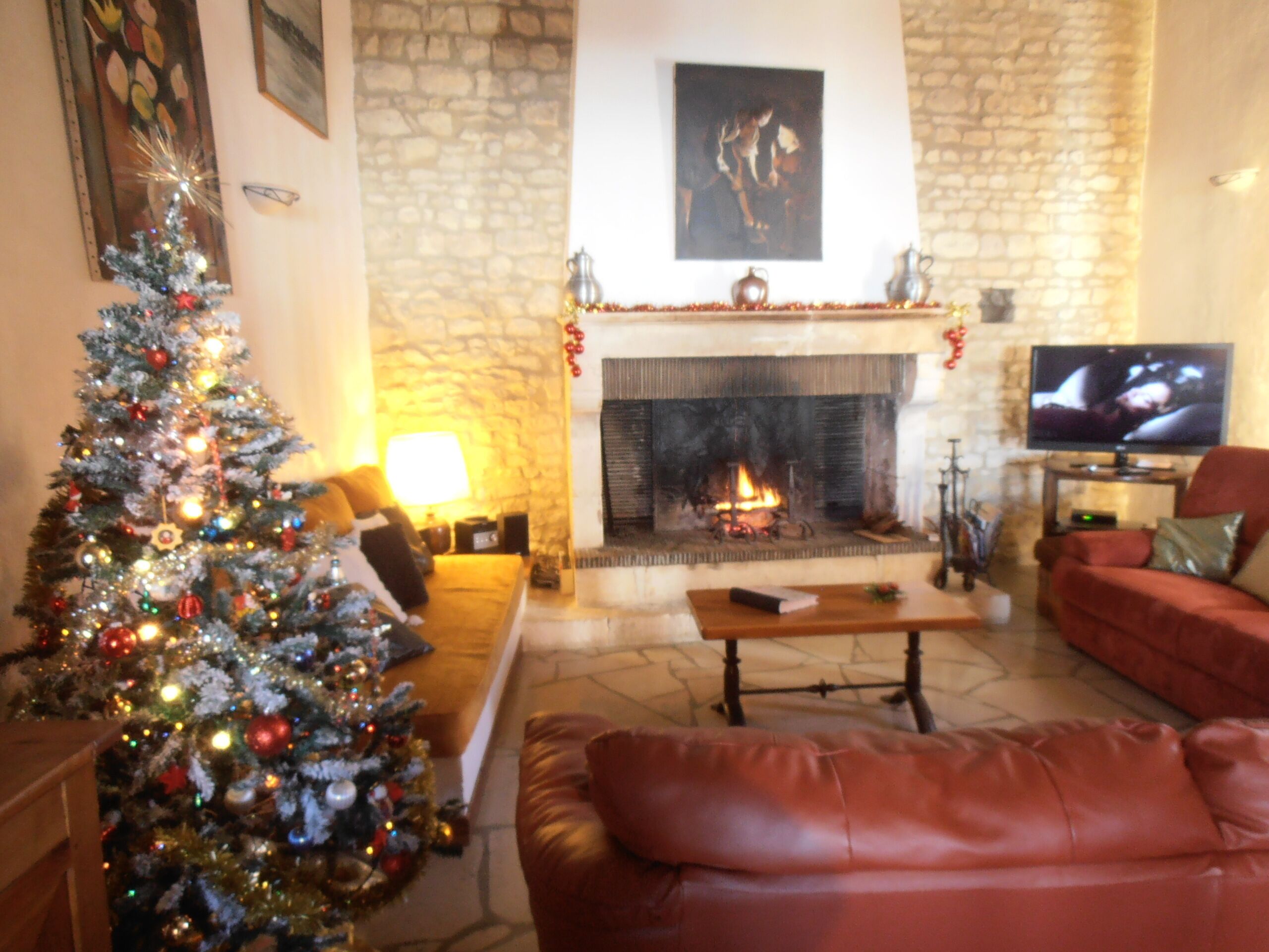 TV connectée, cheminée, lecteur de DVD, baby-foot