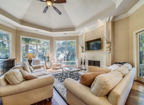 Flat-screen TV, DVD player, smart speakers