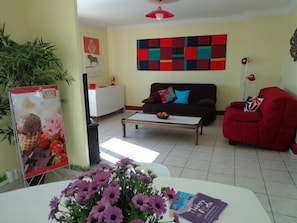 Televisor, reproductor de DVD, llibres i estèreo
