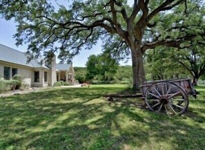 A house with a large tree and a wooden cart in the yard.