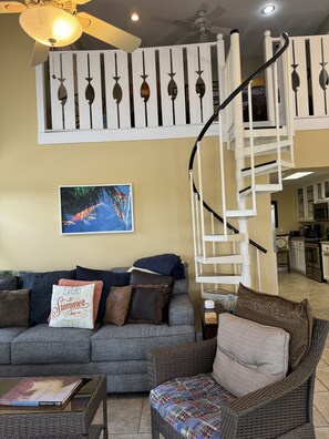 Älytelevisio, takka, DVD-soitin, kirjoja