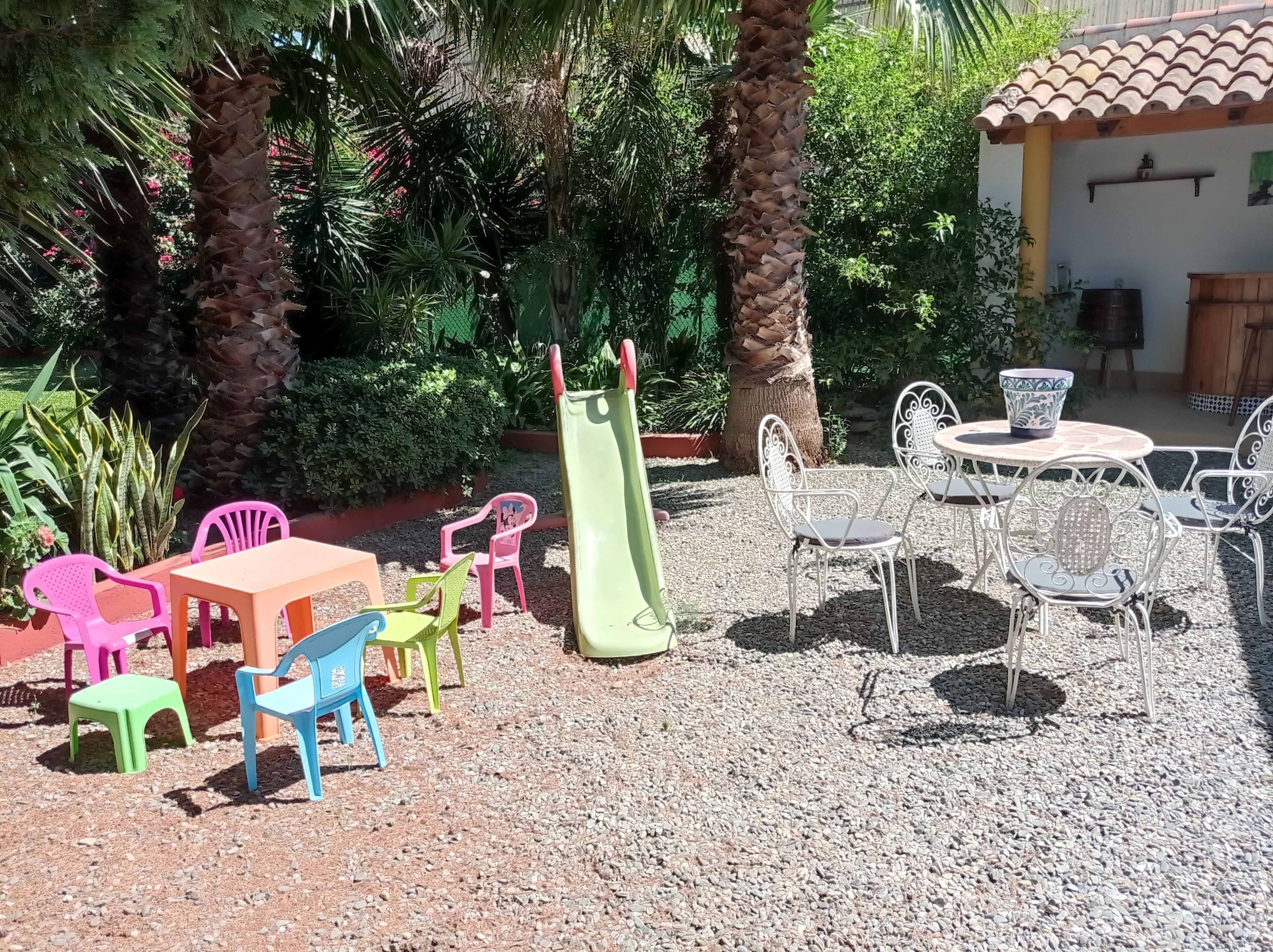 An outdoor patio with a table and chairs, surrounded by palm trees and various plants.