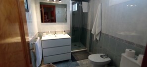 Shower, hair dryer, bidet, towels