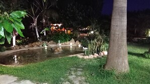 Ein Garten bei Nacht mit Teich, beleuchtet durch indirektes Licht, umgeben von Pflanzen und Steinen.