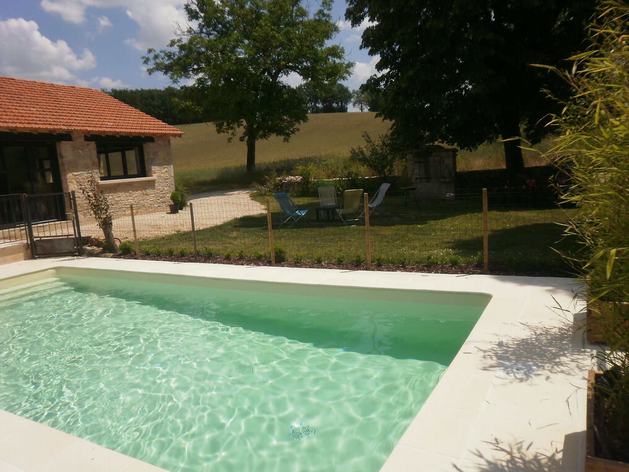 A rectangular swimming pool with clear water, surrounded by a stone wall and a grassy area with trees and a chair.