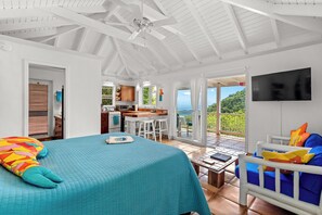 Un dormitorio con cama, un cojín colorido, un televisor y vistas al exterior.