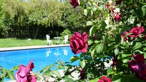 A swimming pool surrounded by lush greenery and red roses. - Historic Hawkesbury Homestead Estate, Swimming Pool, Tennis court, Wine Country. (Blenheim)