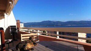 Een balkon met een kat, een barbecue en uitzicht op zee en bergen.