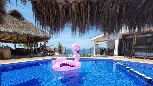 A swimming pool with a pink flamingo float, a thatched roof structure, and a view of the sea.