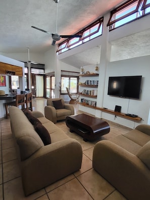 Smart TV, DVD player, books, music library