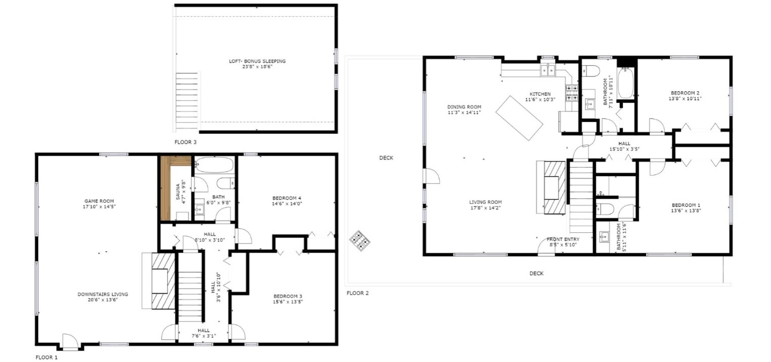 Een plattegrond van een hotel met drie verdiepingen, inclusief een slaapgedeelte op een entresol, meerdere slaapkamers, een speelkamer en een eetkamer.