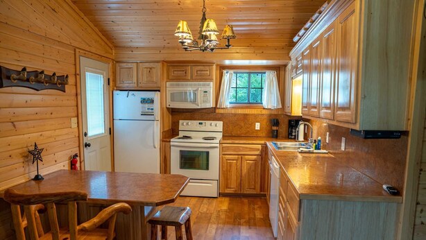 Interior de una cabaña de madera con cocina, que incluye estufa, microondas, refrigerador y armarios de madera.