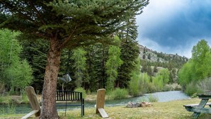 Zona de picnic junto al río con bancos y una mesa, rodeada de árboles y con una montaña al fondo.