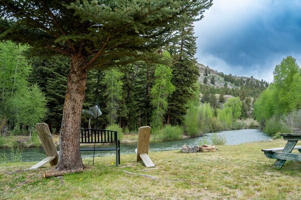 A riverside picnic area with benches and a picnic table, surrounded by trees and a mountain backdrop.