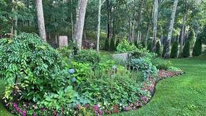 A well-maintained garden with various plants and flowers, surrounded by tall trees. - 5BR, 5BA on cul-de-sac, Big Pool,  jacuzzi, gym,  beautiful bay beach (Hampton Bays)