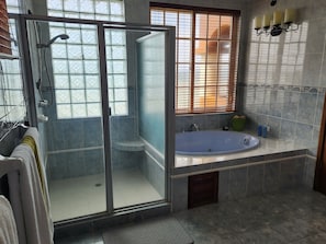 Douche, baignoire à jets, serviettes fournies, savon