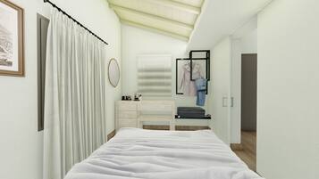 2 dormitorios, caja fuerte, escritorio y tabla de planchar con plancha