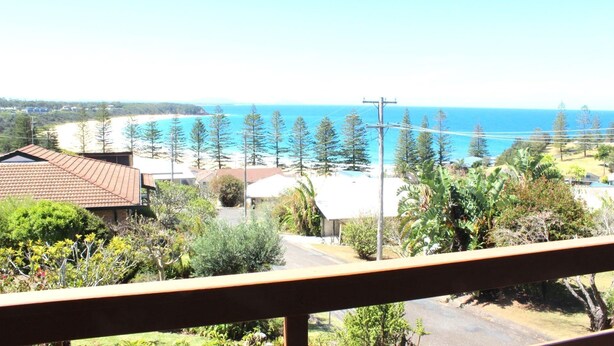 A coastal view from a balcony with a clear sky, a beach, and a row of pine trees. - High Street Retreat is set in the heart of Black Head & has magnificent... (Black Head)
