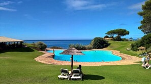 A pool area with lounge chairs and umbrellas, surrounded by grass and trees, with a view of the sea.