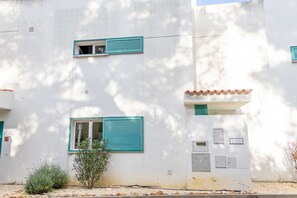 A building with two windows with blue shutters, a small plant in front, and electrical boxes on the wall.
