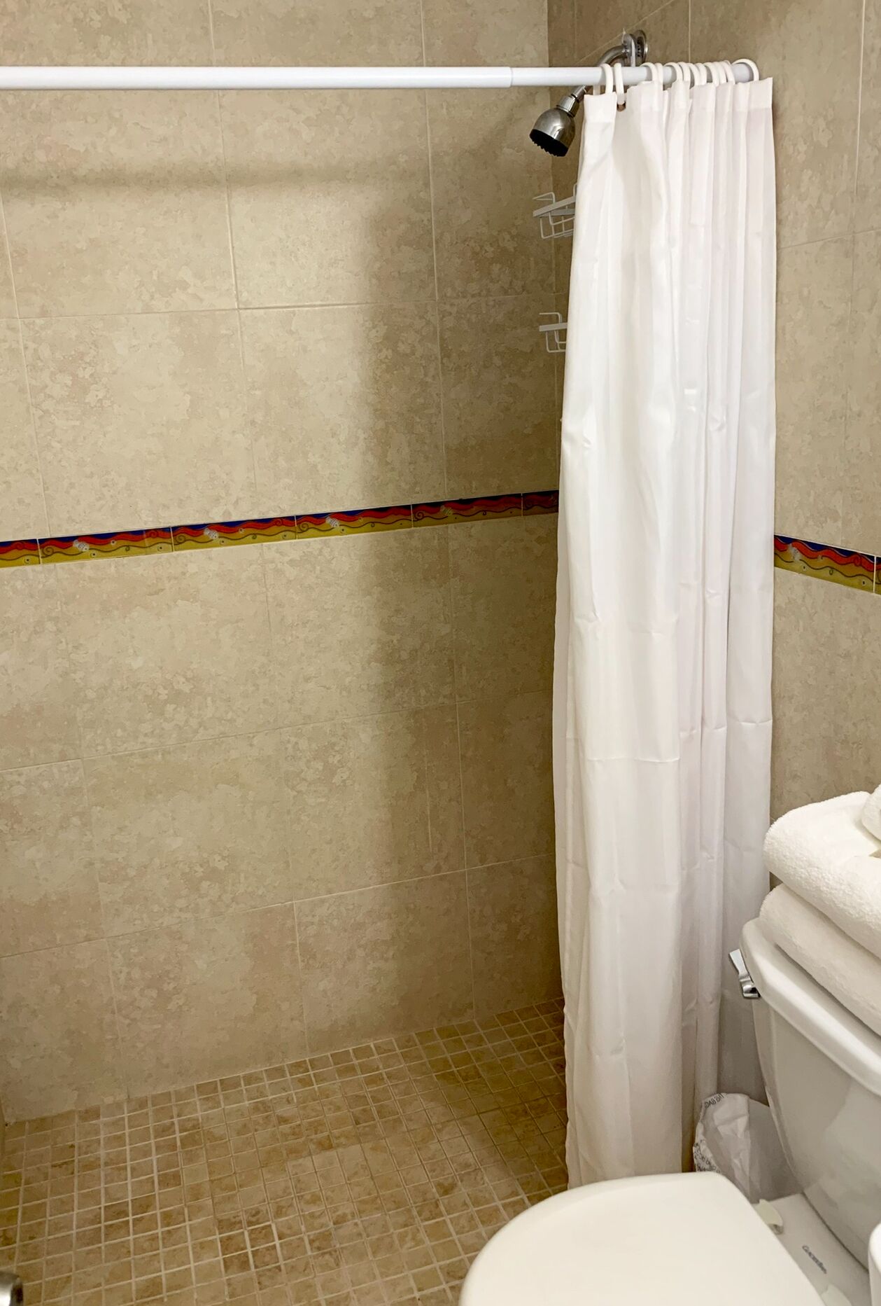 A bathroom with a shower curtain, tiled walls, and a toilet.