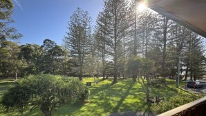 A view of a park with tall trees and a clear sky. - Parkview 1 Coastal 3 bedroom home,100m stroll to the beach, parks, cafés (Black Head)