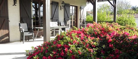 Een overdekt terras met tafels en stoelen, een wit gebouw met houten balken, en een grote struik met roze bloemen.