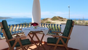 Une terrasse avec deux chaises en bois, une table recouverte d’une nappe blanche et un vase rempli de fleurs. La terrasse offre une vue sur un paysage côtier sous un ciel dégagé.