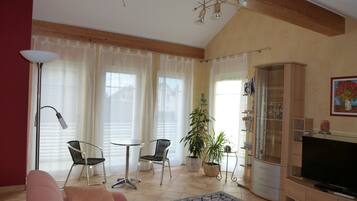 Smart-TV, DVD-Player, Bücher, Stereoanlage