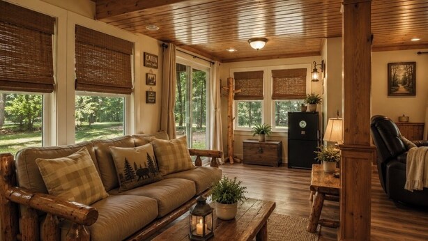 Interior de una cabaña con sofá de madera, una mesa de centro, chimenea y mesa de comedor.